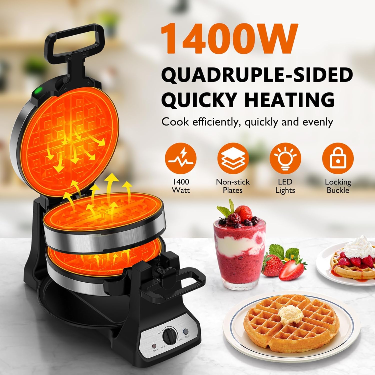 1400W Double Belgian Waffle Ma - Waffle Iron Belgian reseña y precio