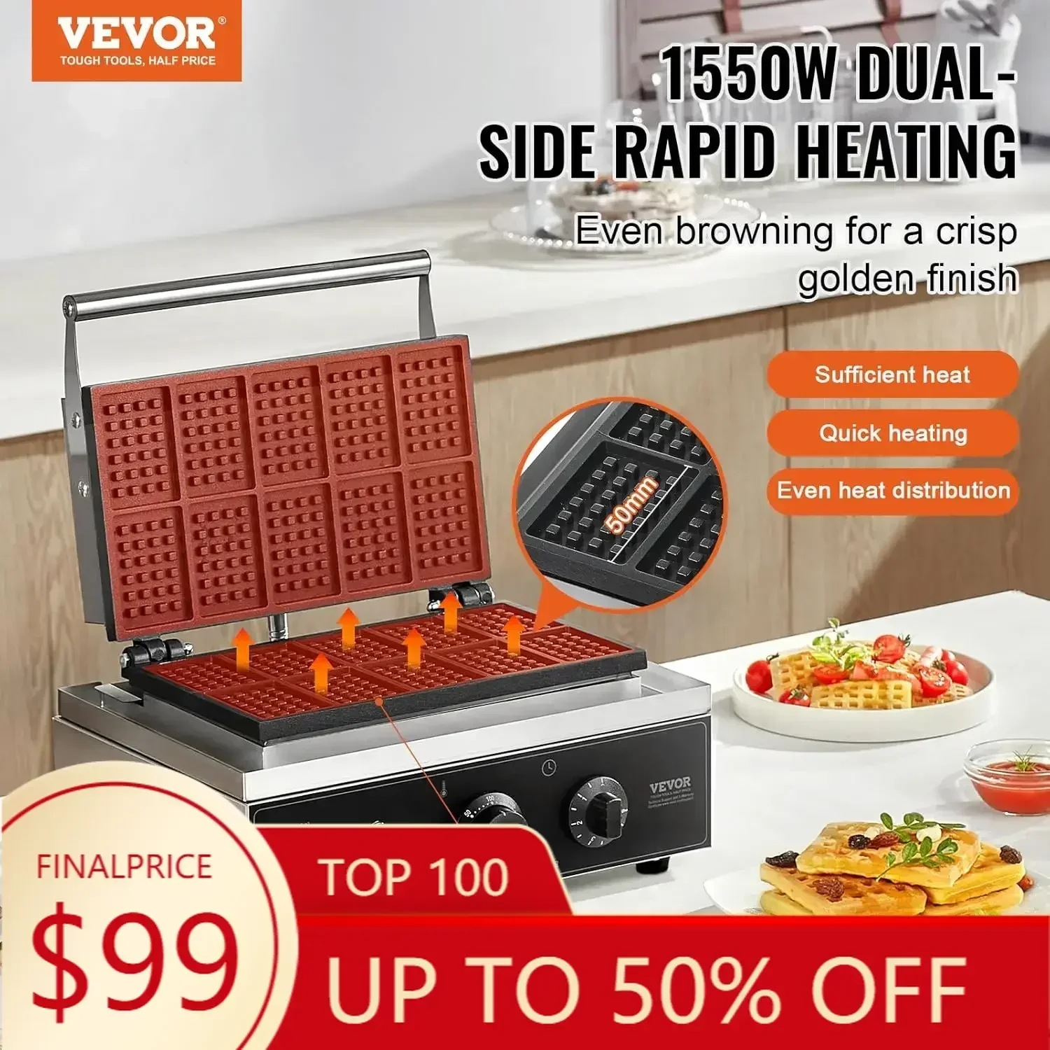 BestsellerVEVOR Premium Waffle - Waffle Iron Belgian reseña y precio